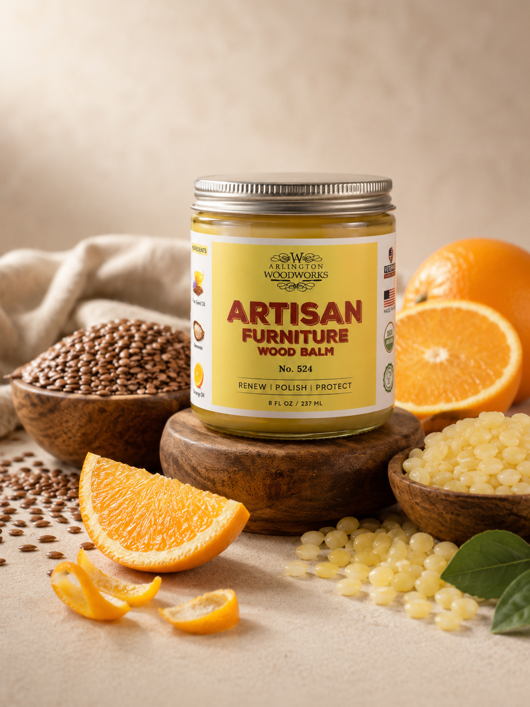 Organic ingredients used in Arlington Woodworks Wood Balm No. 524