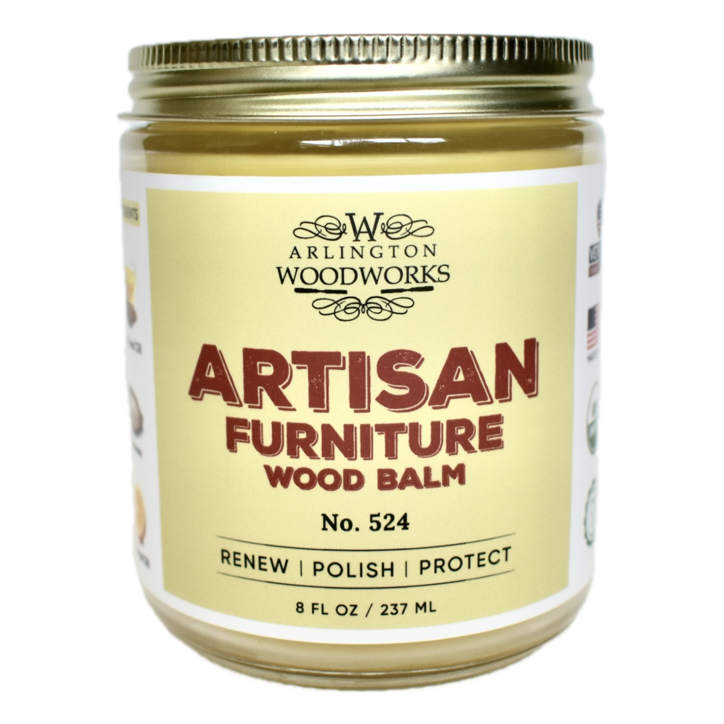 A jar of Arlington Woodworks Artisan Furniture Wood Balm, with the label showing the product name and the text 'No. 524 RENEW, POLISH, PROTECT'.