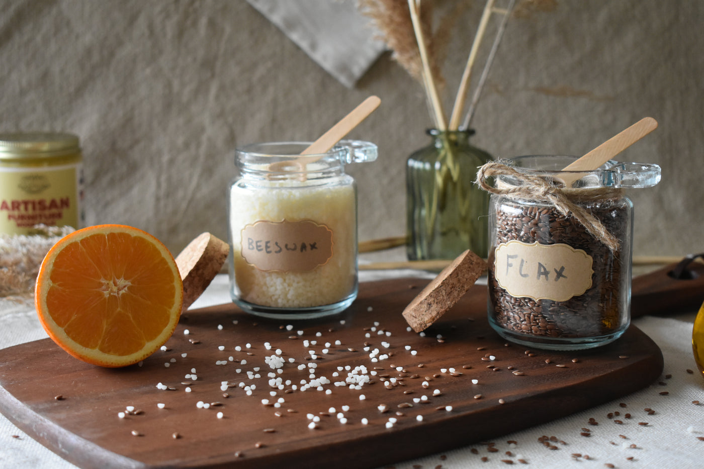 Flaxseed oil, beeswax, and orange oil used in Arlington Woodworks No. 524