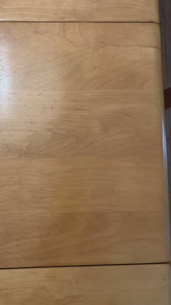 Customer video showing the after of a table that was scratched and dinged during shipping, after applying Arlington Woodworks Artisan Furniture Wood Balm.